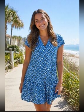 Jude Connally Blue Green Floral Geometric Print VNeck Ruffle Hem Preppy Dress XS